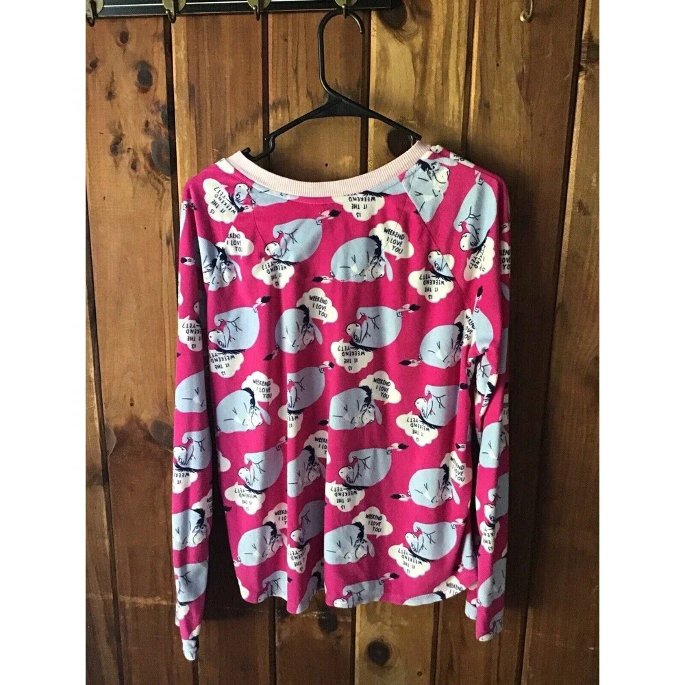 Disney Eyeore Sleep Top Size L Pink Fleece V Neck Long Sleeves Kidcore